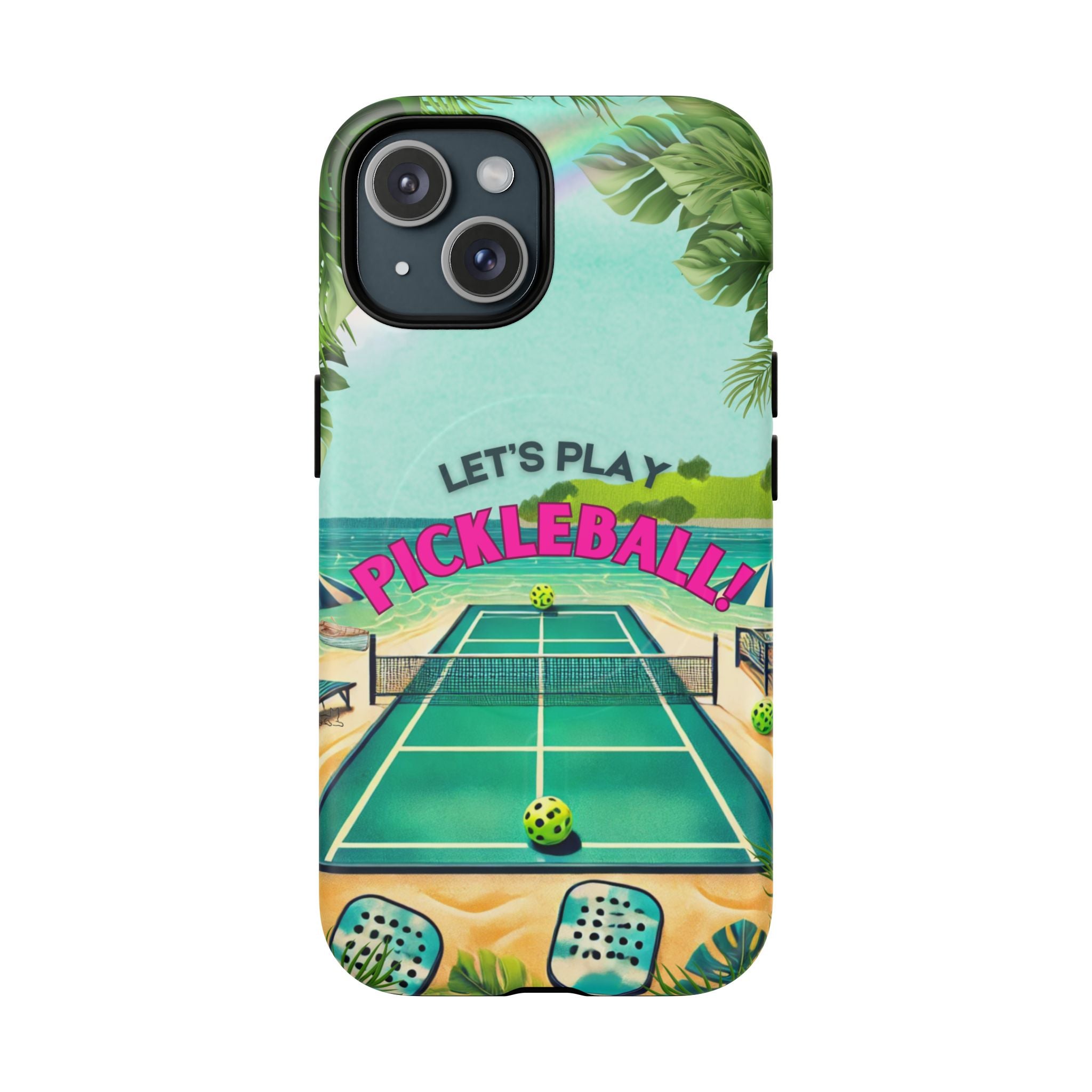 Tough Magnetic Phone Case for iPhone 15 Tropical Pickleball Case Compatible with MagSafe® Wireless Charging, Player Gift