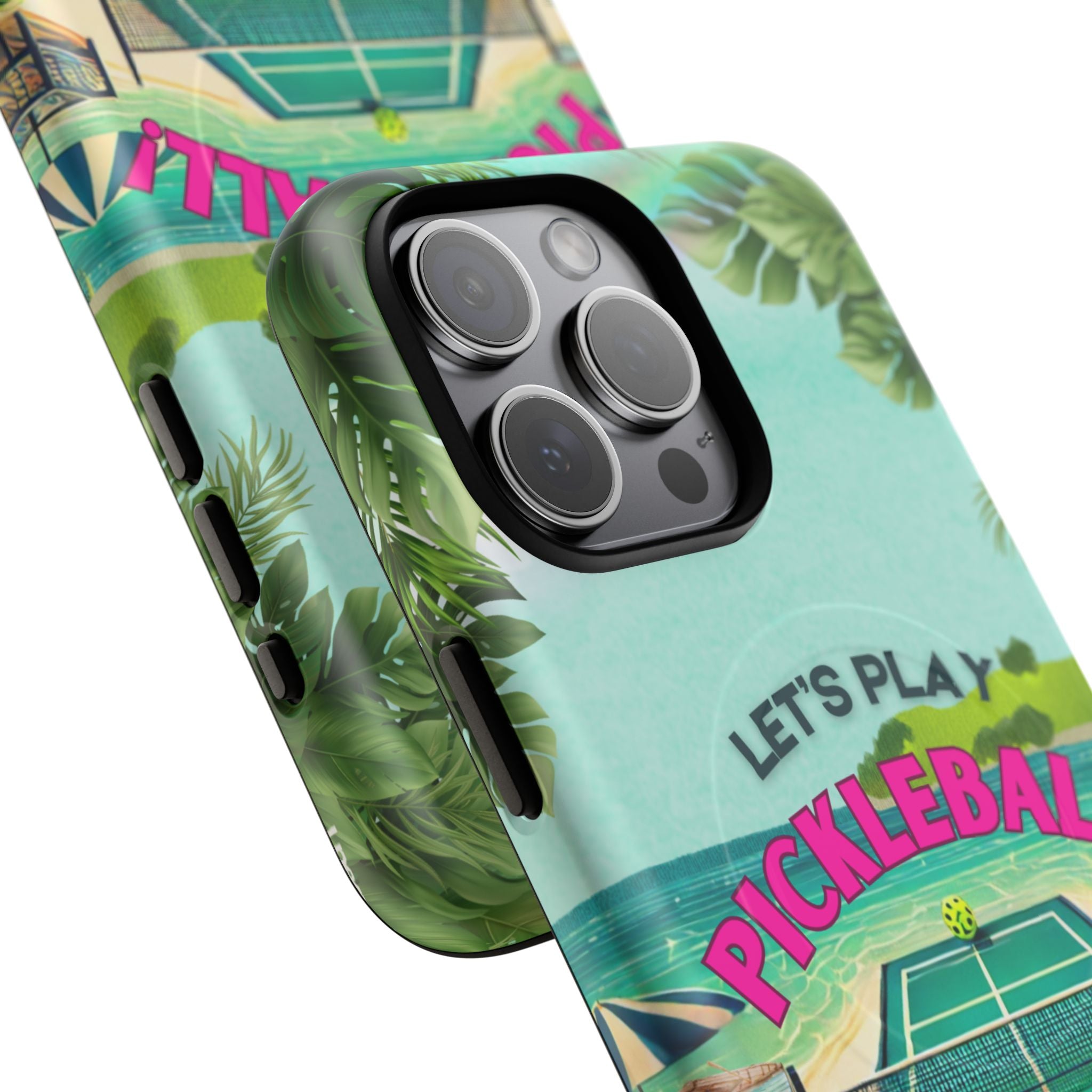 Tough Magnetic Phone Case for iPhone 15 Tropical Pickleball Case Compatible with MagSafe® Wireless Charging, Player Gift