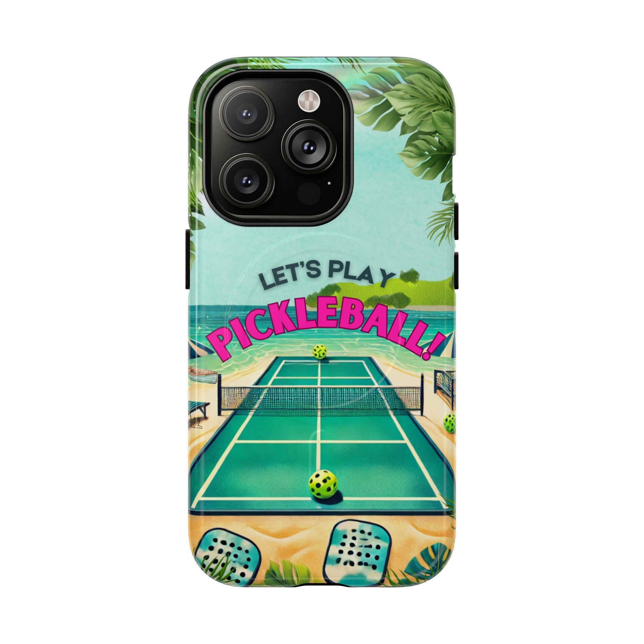 Tough Magnetic Phone Case for iPhone 14, Tropical Pickleball Case Compatible with MagSafe® Wireless Charging Gift for Players
