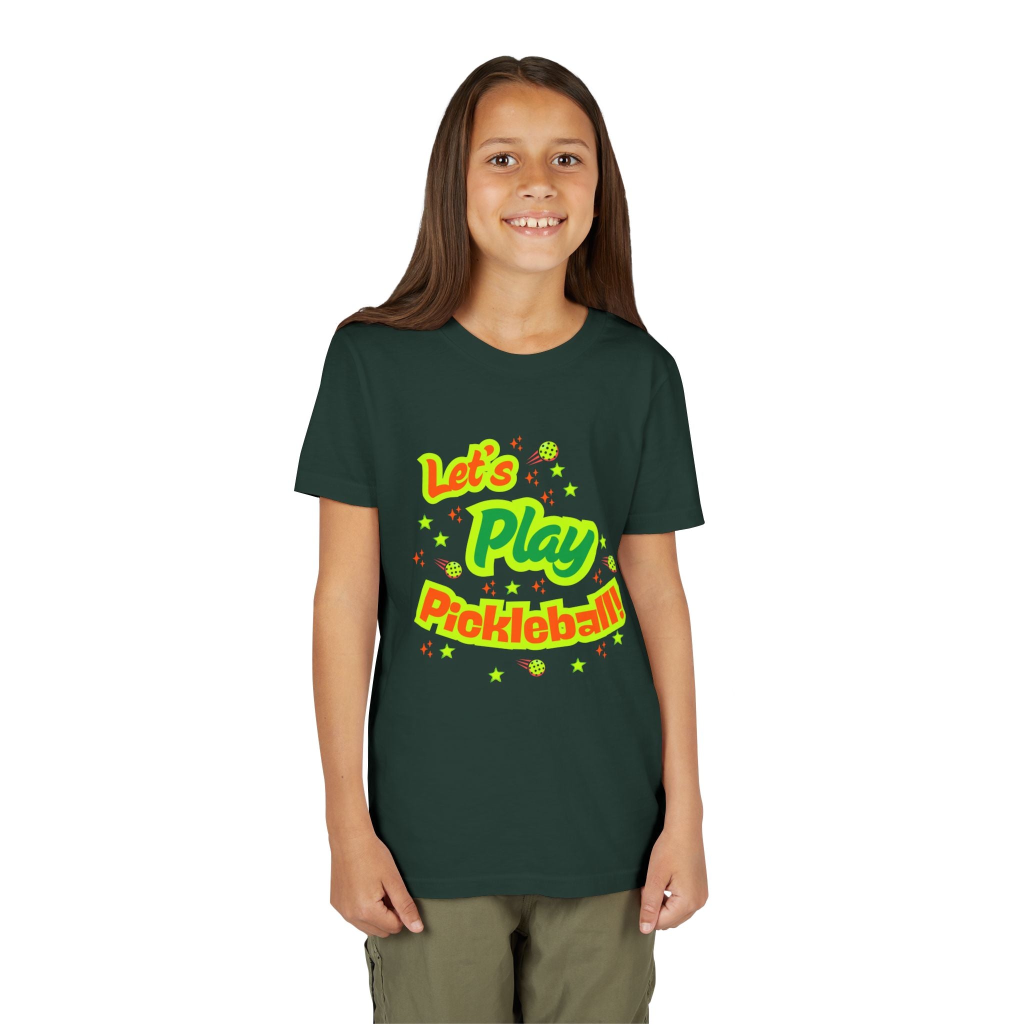 Youth Let’s Play Pickleball  Fun Neon Sports T-shirt for Kids  Colorful Pickleball Shirt for Boys & Girls, Soft & Comfy