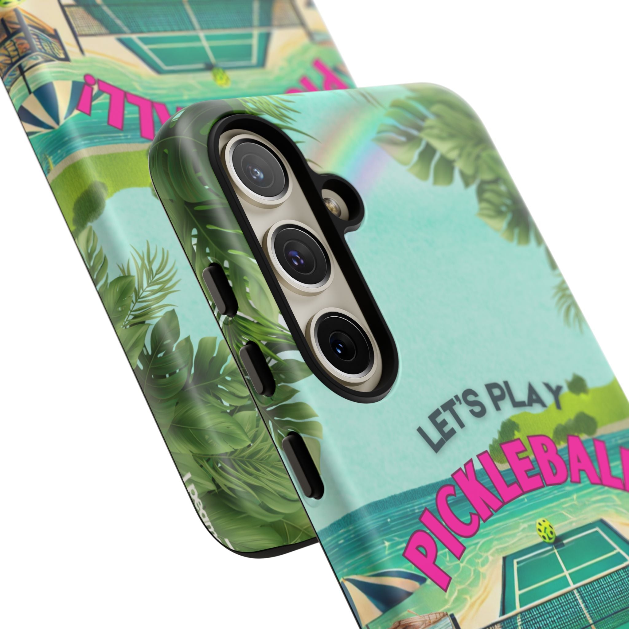 Tough Dual Layer Tropical Pickleball Phone Case for Samsung Galaxy S24 Compatible with Wireless Charging, Gift for Players