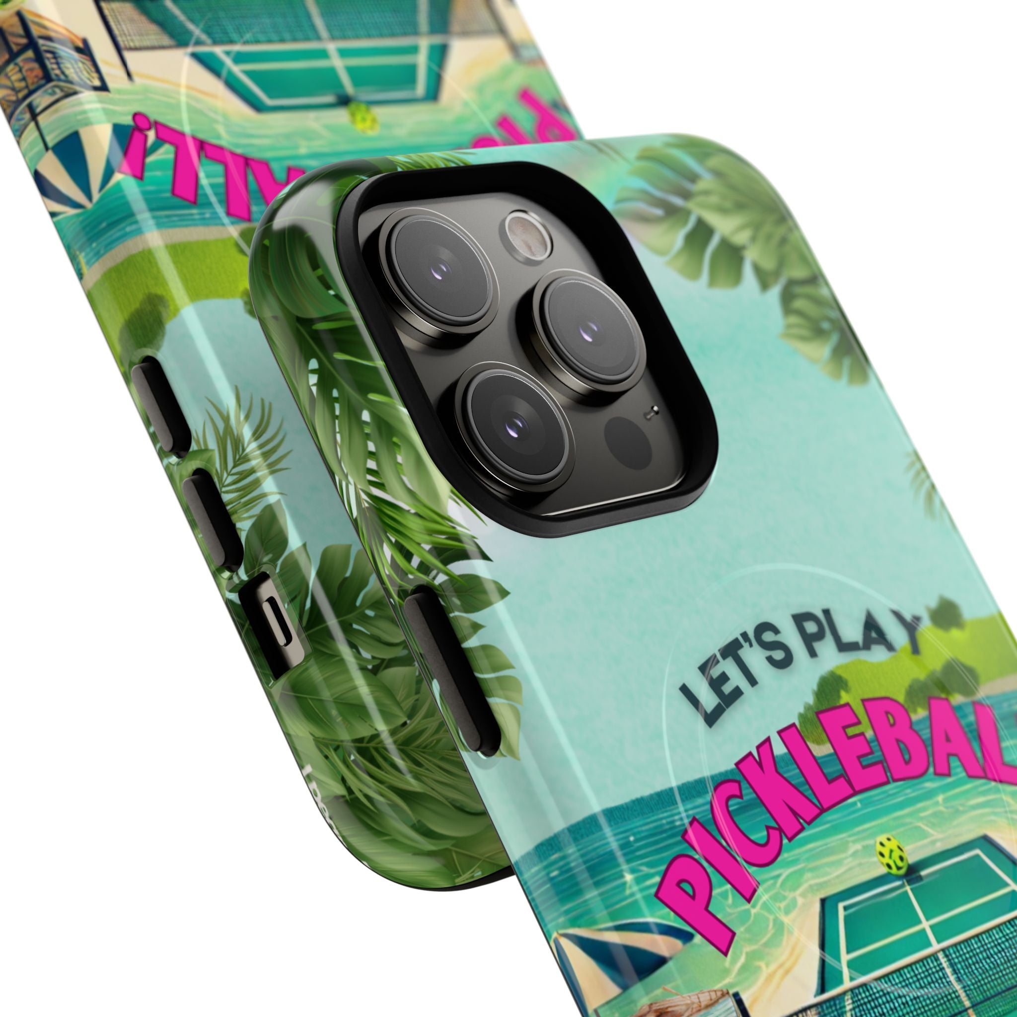 Tough Magnetic Phone Case for iPhone 14, Tropical Pickleball Case Compatible with MagSafe® Wireless Charging Gift for Players
