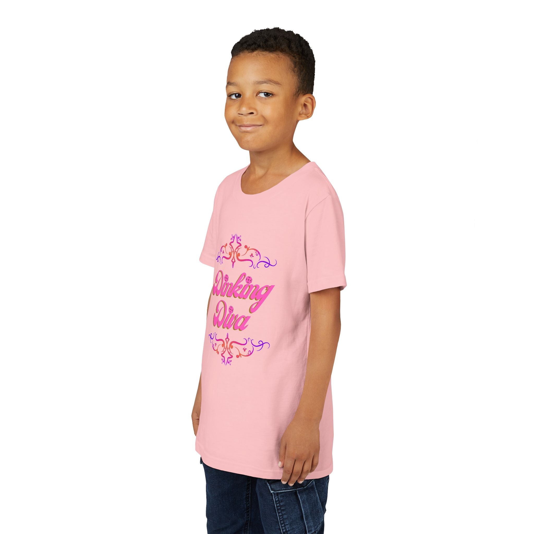 Dinking Diva Fun Youth Kids T-Shirt for Pickleball, Parties, Birthdays, and Everyday Wear, Pink Lettering, Gift for Girls