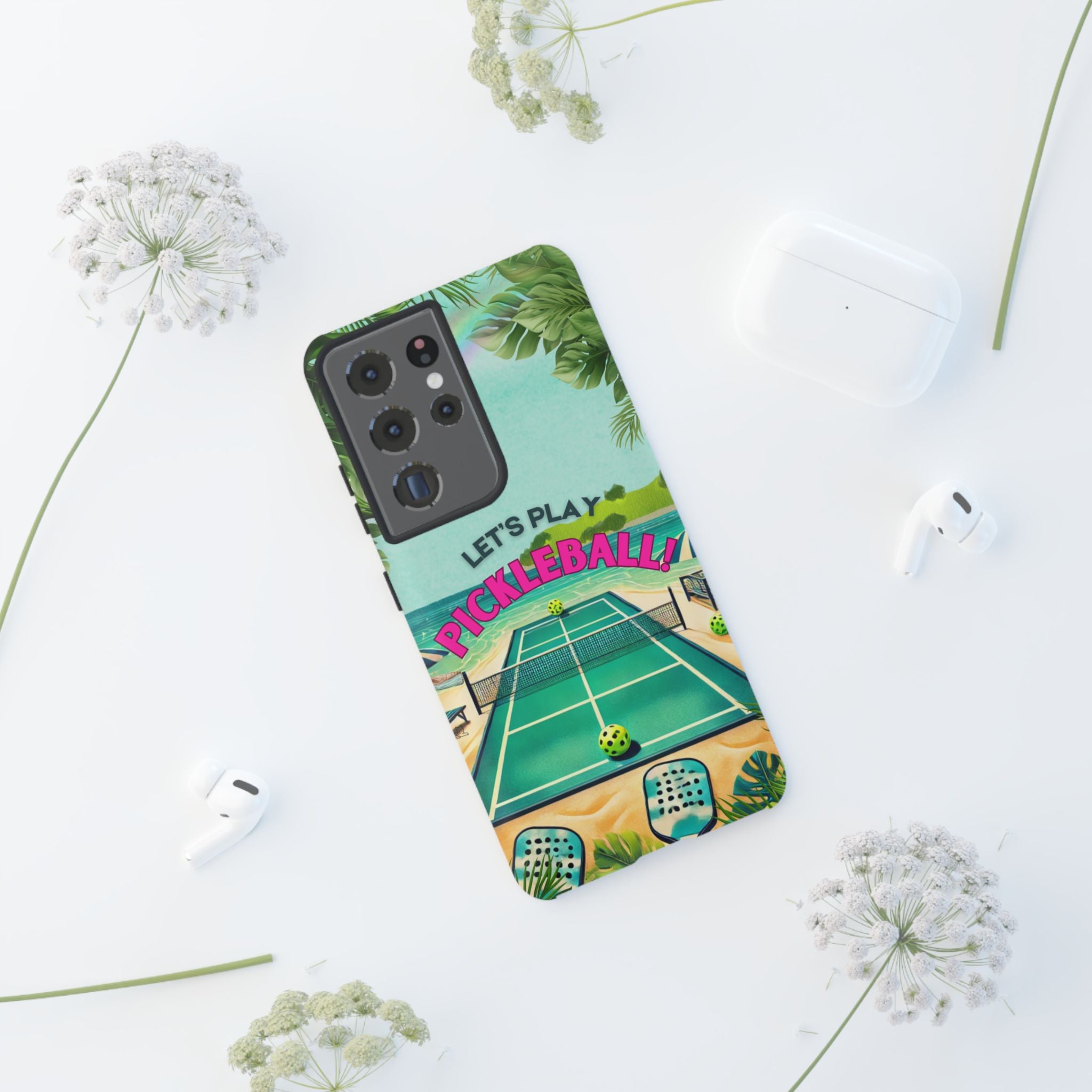 Tough Dual Layer Phone Case for Samsung Galaxy S21 Tropical Pickleball Case Supports Wireless Charging, Gift for Players