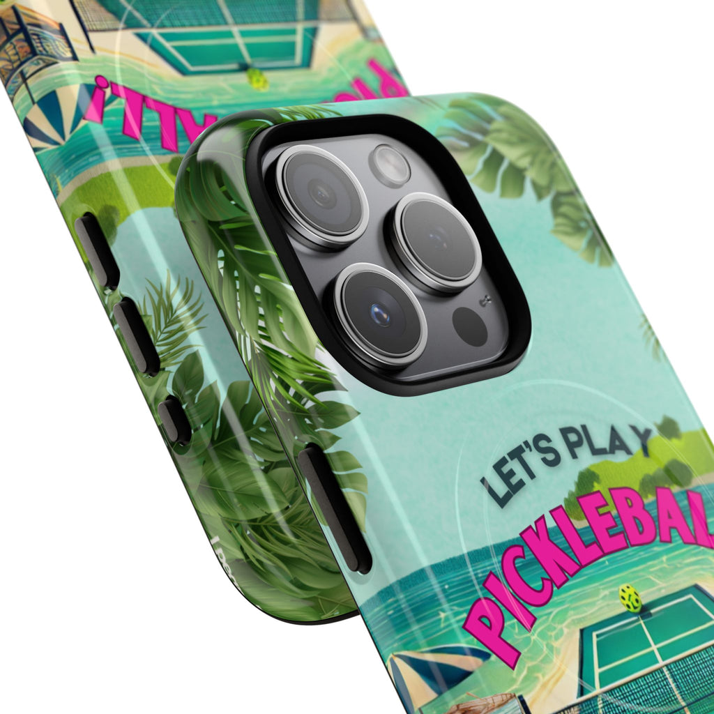 Tough Magnetic Phone Case for iPhone 15 Tropical Pickleball Case Compatible with MagSafe® Wireless Charging, Player Gift