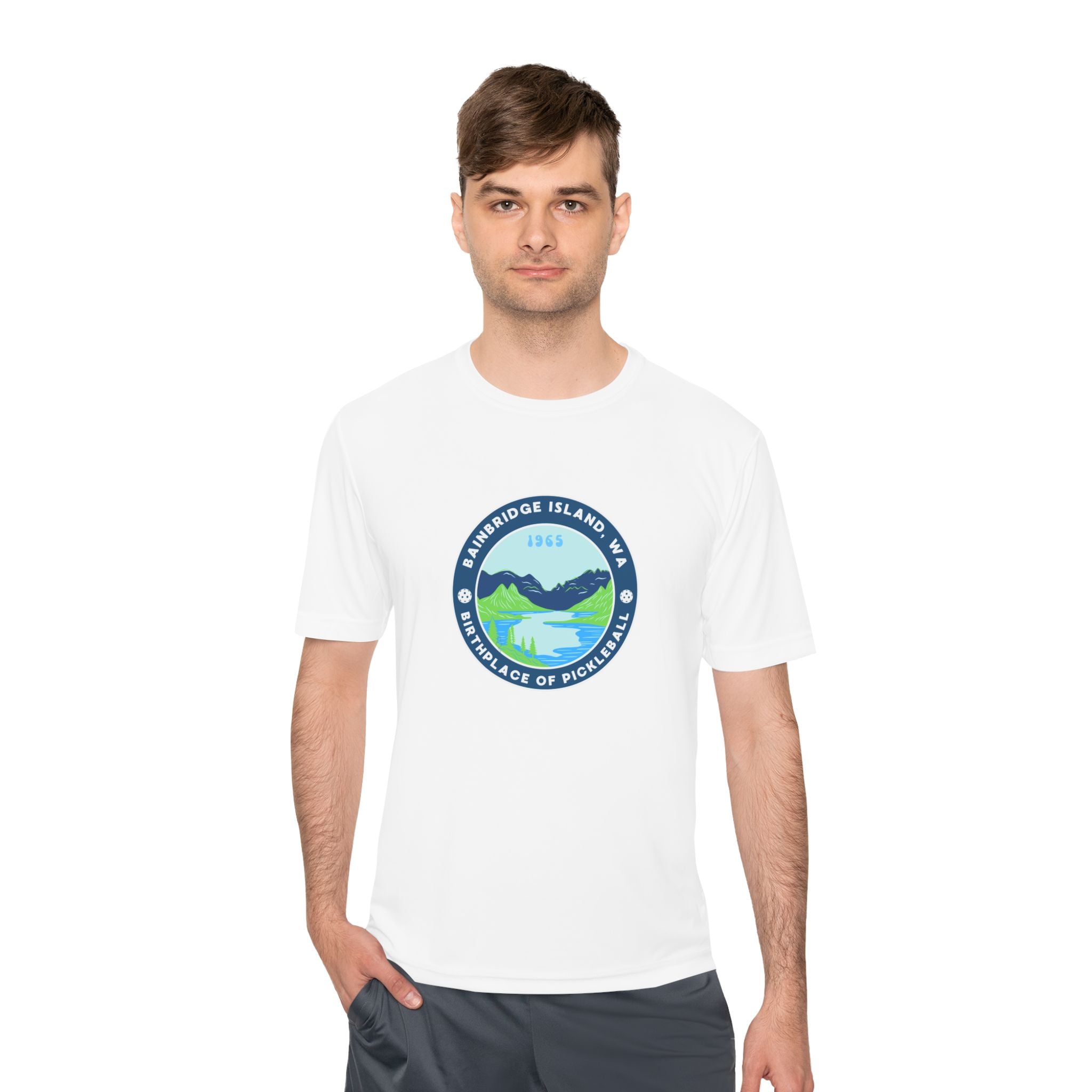 Bainbridge Island WA Birthplace of Pickleball T-Shirt | Moisture Wicking Unisex Tee for Men & Women | Gift for Players