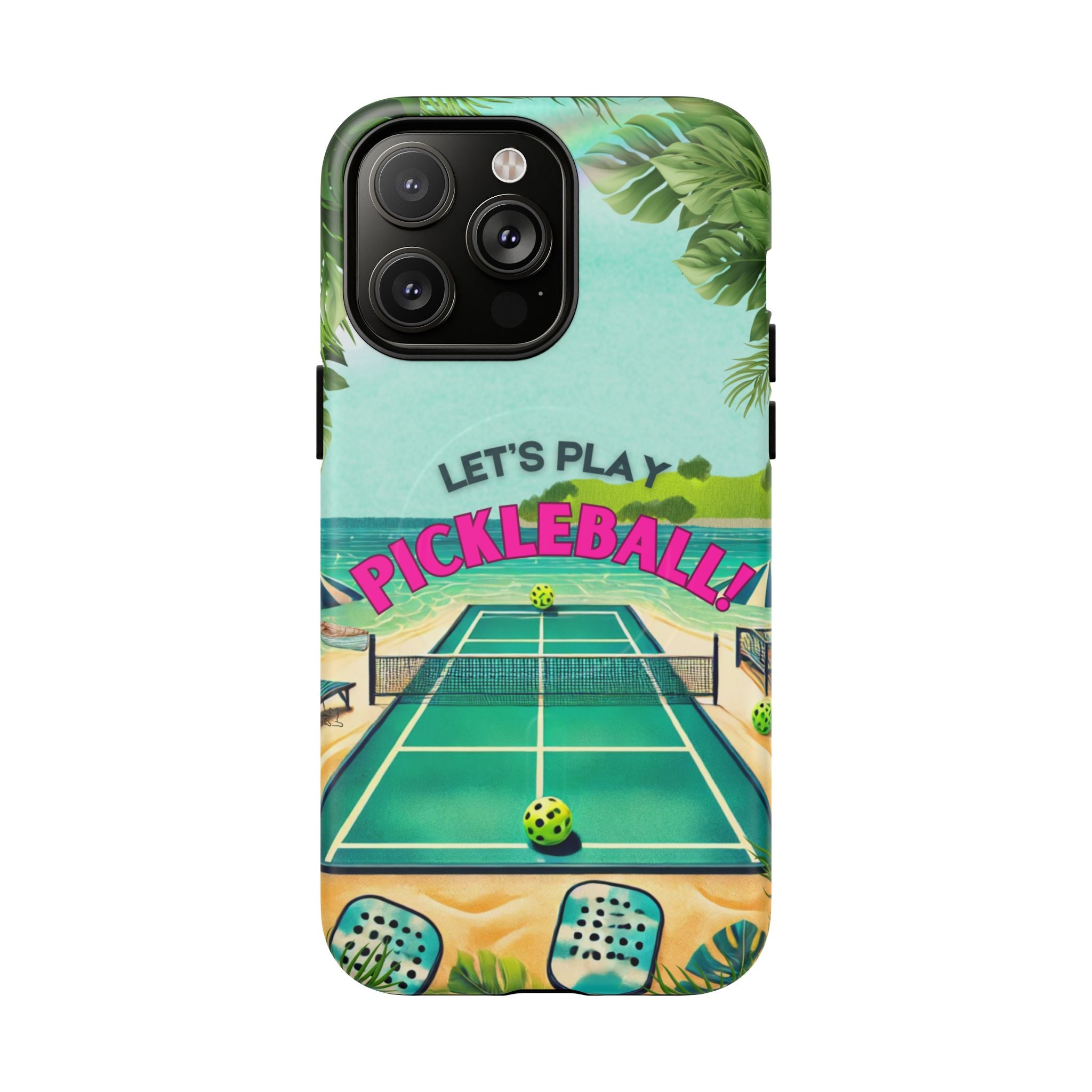 Tough Magnetic Phone Case for iPhone 14, Tropical Pickleball Case Compatible with MagSafe® Wireless Charging Gift for Players