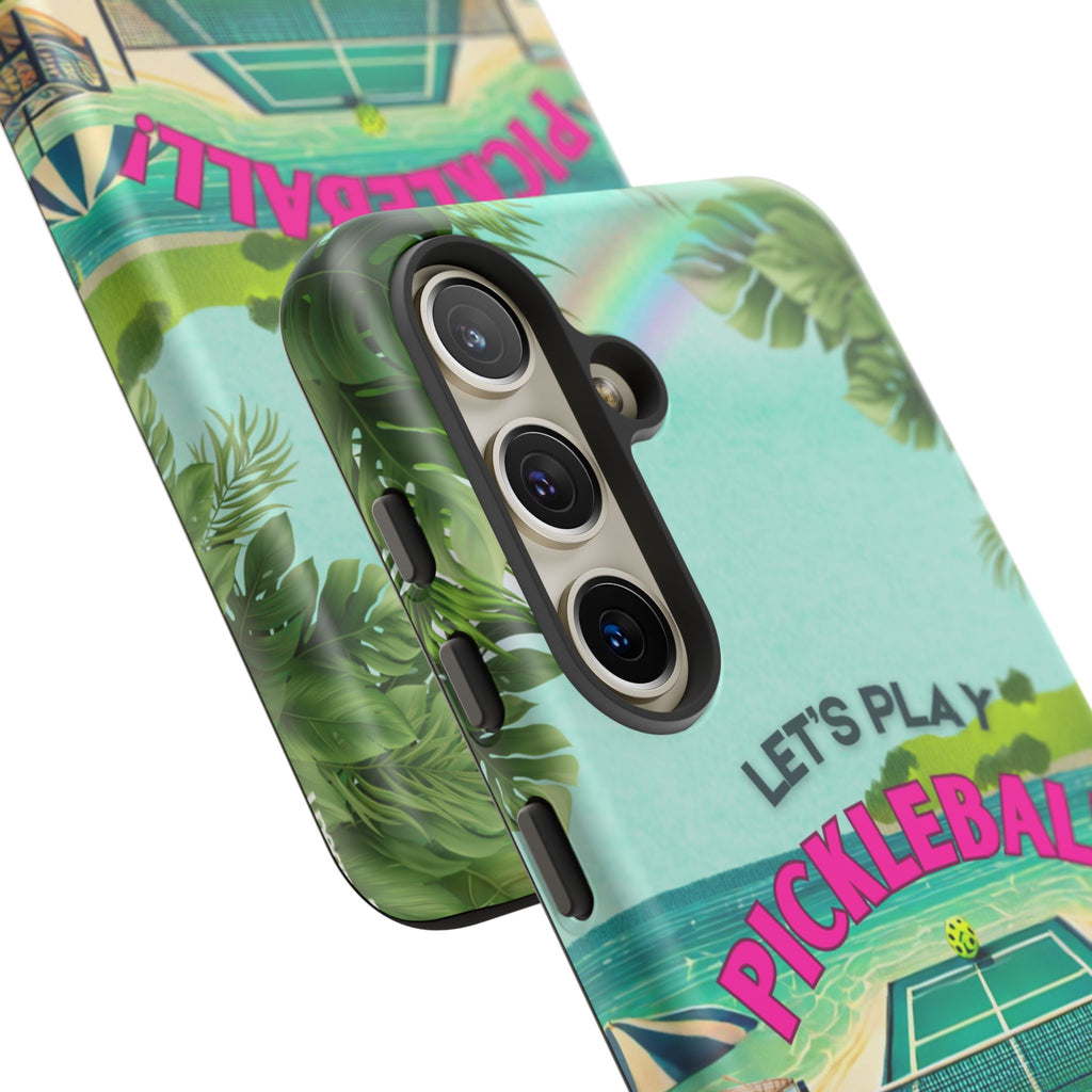 Tough Dual Layer Tropical Pickleball Phone Case for Samsung Galaxy S24 Compatible with Wireless Charging, Gift for Players