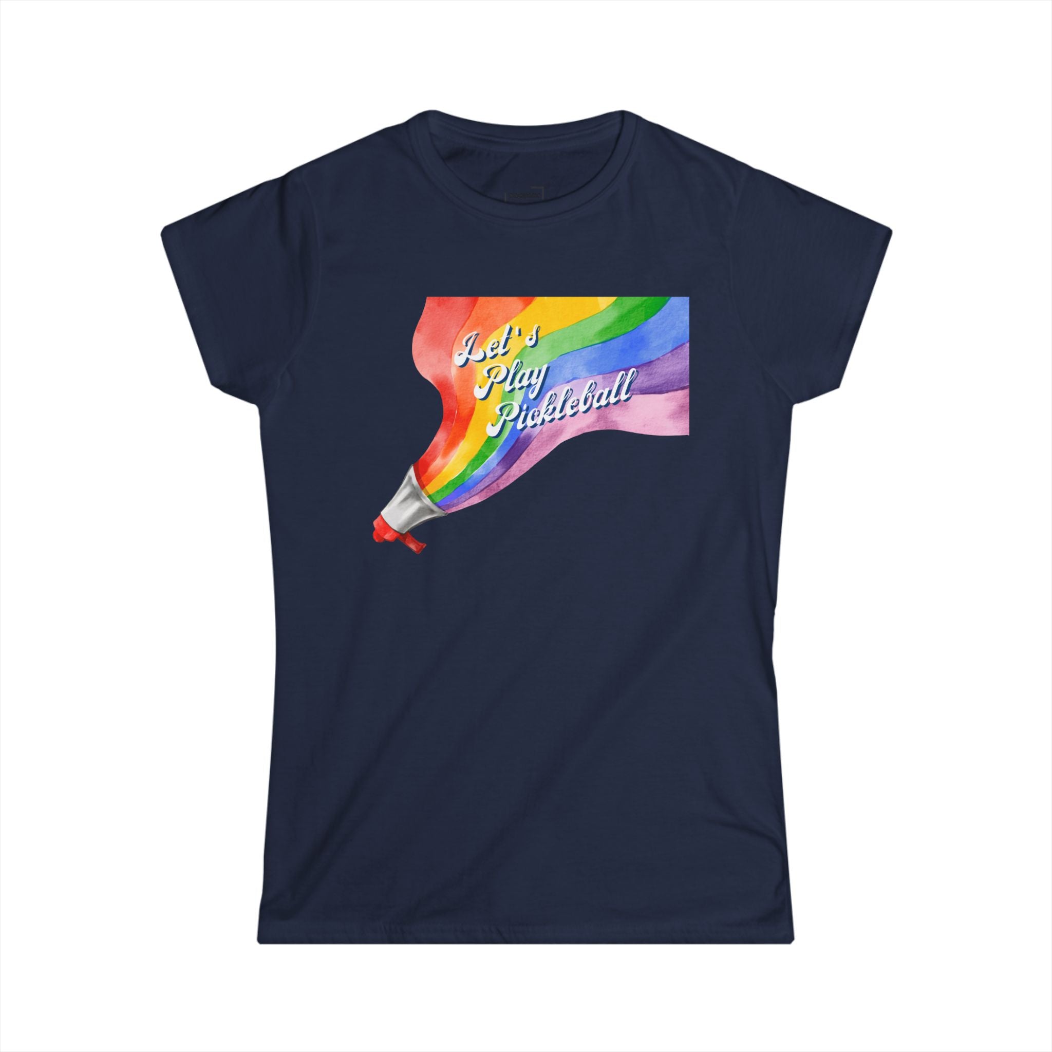 Shout It Out Proud – Let’s Play Pickleball Women's Softstyle T-Shirt, LGBTQ+ Rainbow Megaphone Design, Inclusive