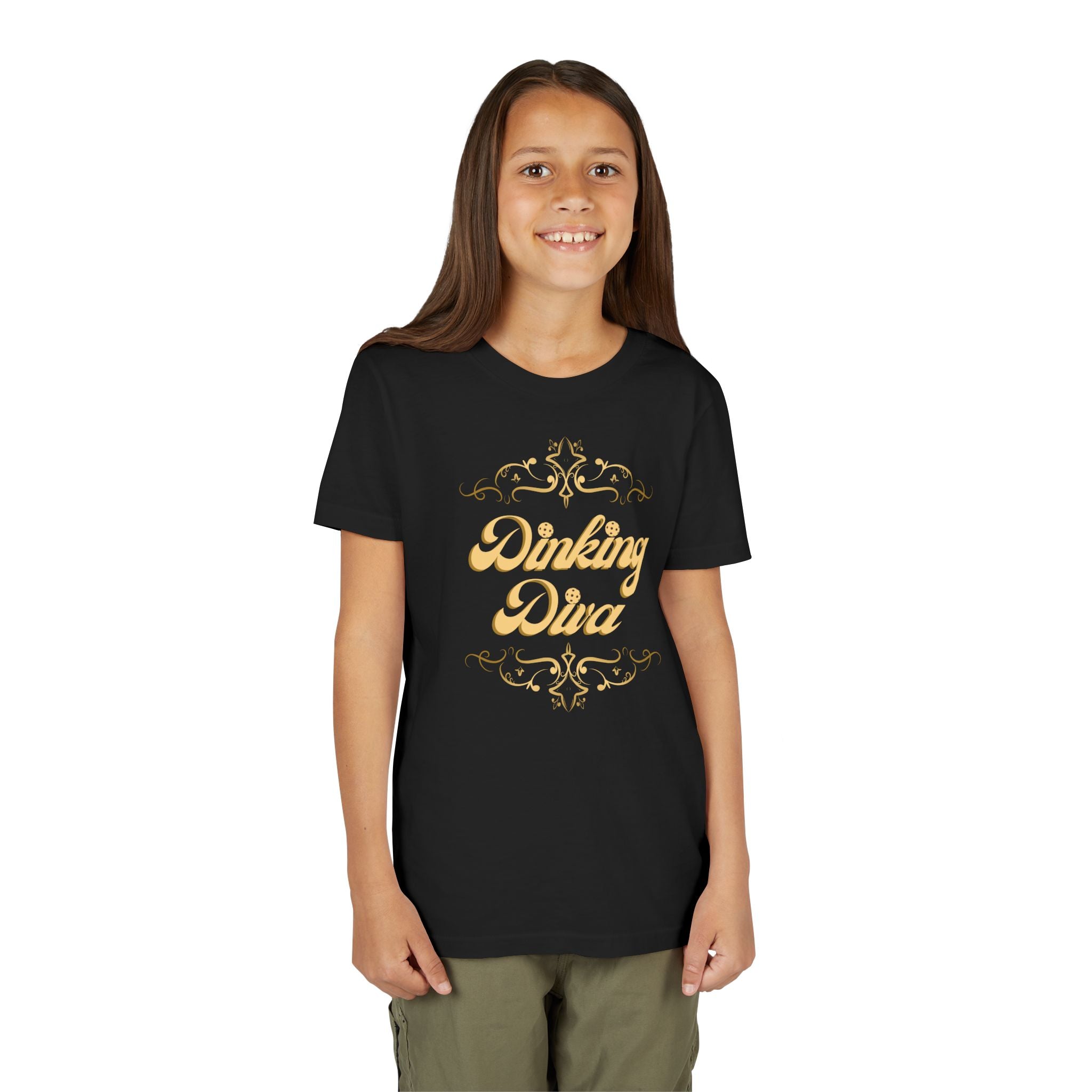 Youth Gold Dinking Diva T-Shirt | Fun Kids Tee For Pickleball, Parties, Birthdays, And Everyday Wear | Gift For Girls